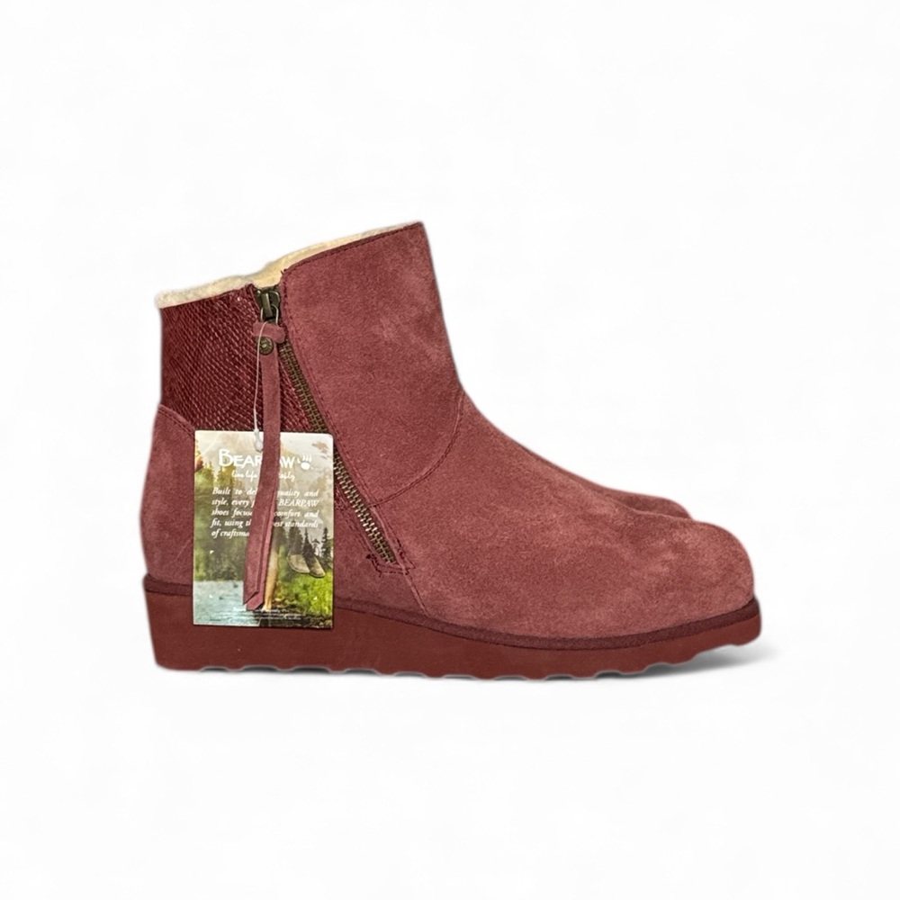NWT BEARPAW MEGAN BEET SUEDE SHEEPSKIN WEDGE ANKLE BOOTS WATER REPELLENT SIZE 12 - Picture 5 of 15